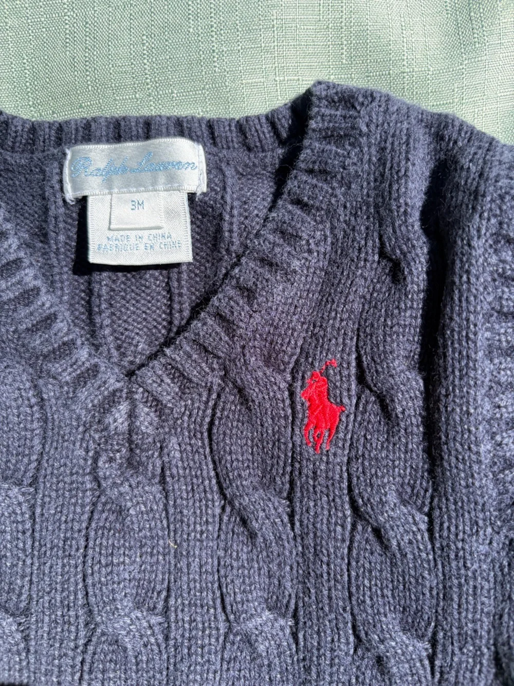 Ralph Lauren Navy Cable-Knit V-Neck Sweater Vest with Red Pony